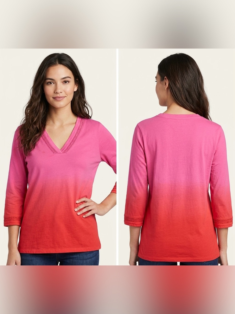 LANDS END Women’s Ombre Pink to Red V-Neck Lace Trim Top Long Sleeve Top Size L